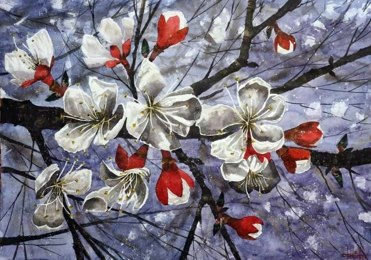 Apricot blossoms. Evening 2021 Watercolor on paper 60?84 by Eugene Gorbachenko