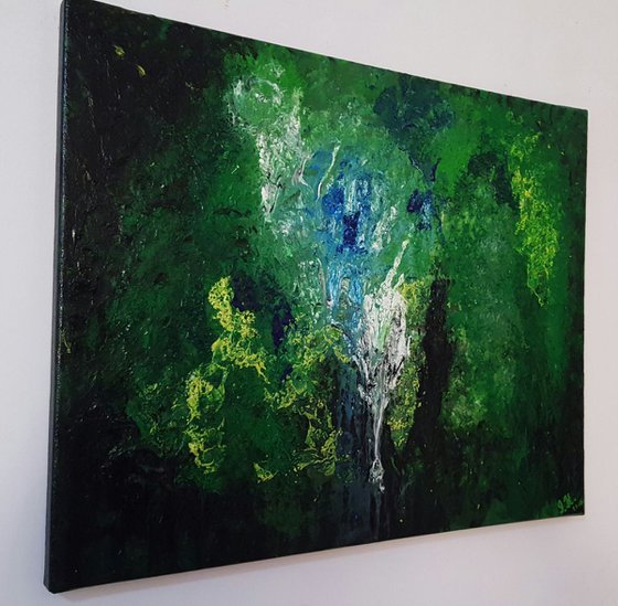 Enchanted forest - abstract landscape on stretched canvas, ready to hang, unique frothing technique 50x40cm