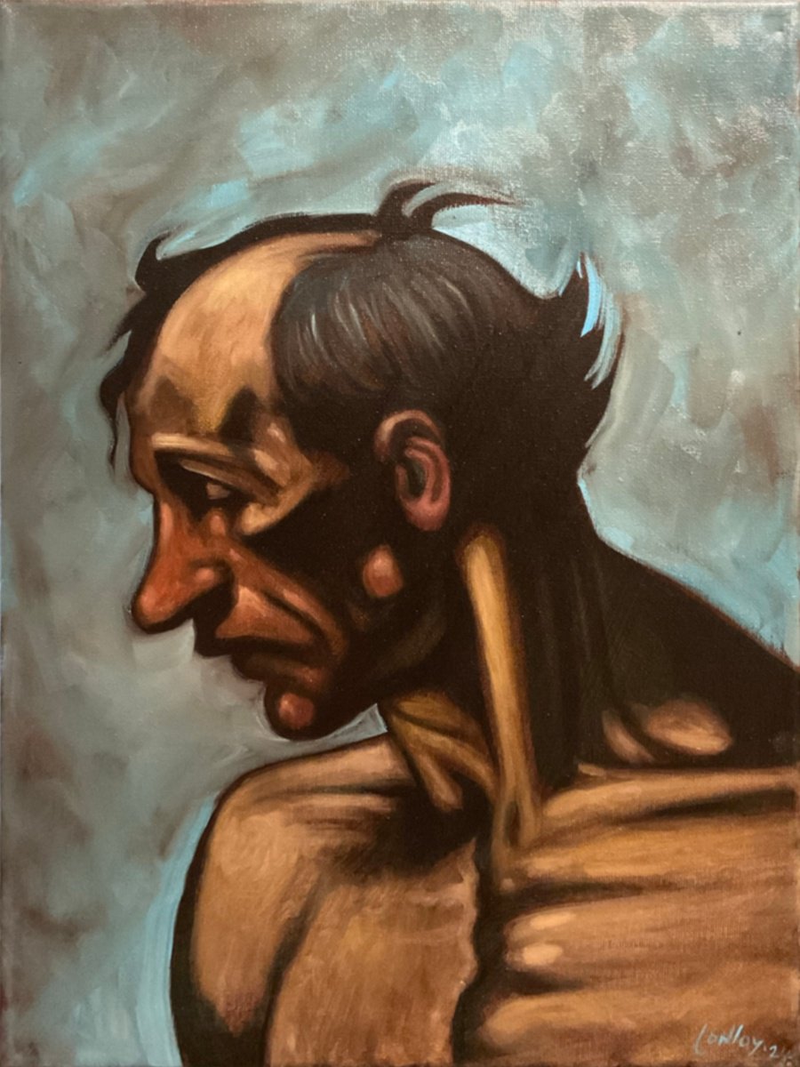 Naive Portrait Oil Painting By Pete Conroy, 12 X 16", Hard Times, Original Artwork