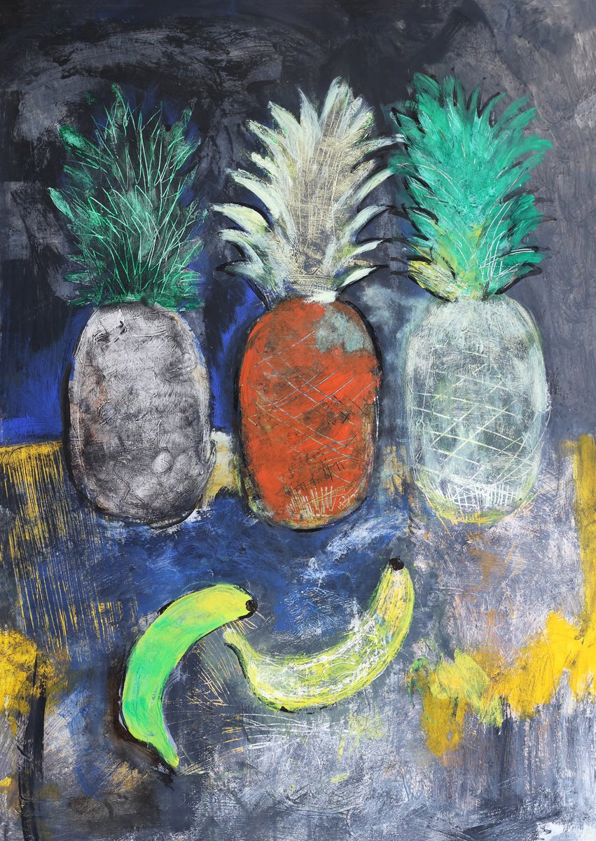 Expressive Still Life Acrylic Painting By Artem Andreichuk, 24 X 34, Pineapples And Bananas, Original Artwork