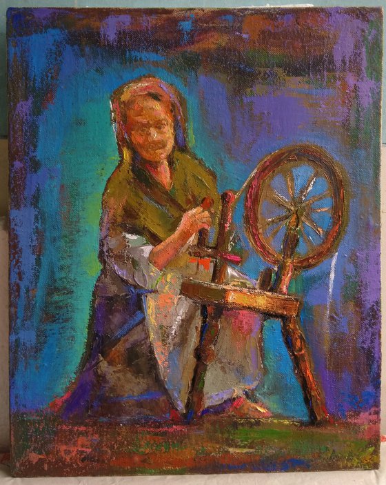 The spinner of thread (40x50cm, oil/canvas, impressionistic figure)