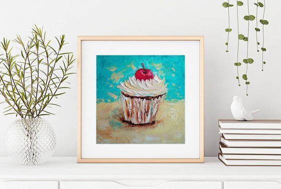 Cupcake Painting Original Art Dessert Artwork Impasto Small Food Wall Art 8 by 8