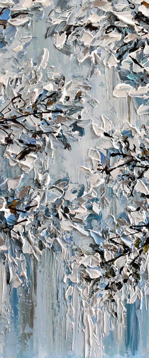 Winter Glow - Textured Abstract Silver, White, Blue Painting, Palette Knife Art by Olga Tkachyk