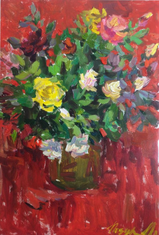 Roses on red still life impressionistic modern original oil painting