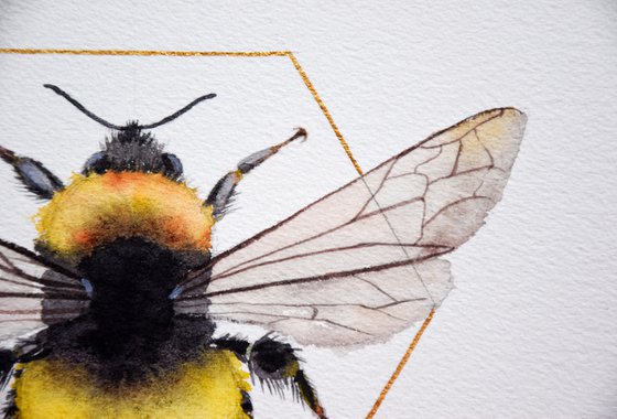 Bee Painting, Bumblebee Wall Art, Bee Original Watercolor Painting, Square Art