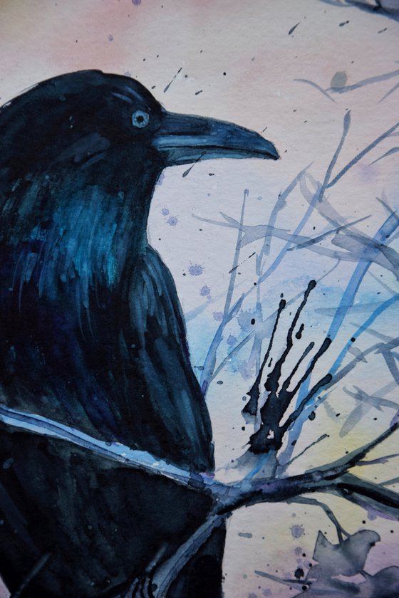 Raven watercolor painting, black crow wall art, gothic home decor, Halloween gift