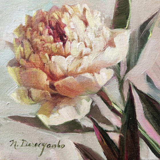 White peony art painting original, Unique flower gift for mother, Pale white peony wall art framed