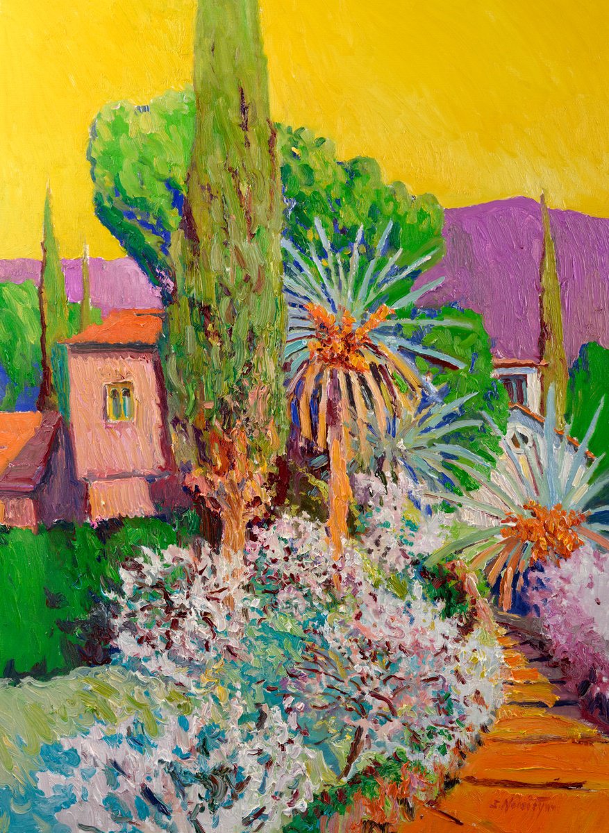 Expressive Landscape Oil Painting By Suren Nersisyan, 30 X 40", Landscape With A Yellow Sky, Original Artwork