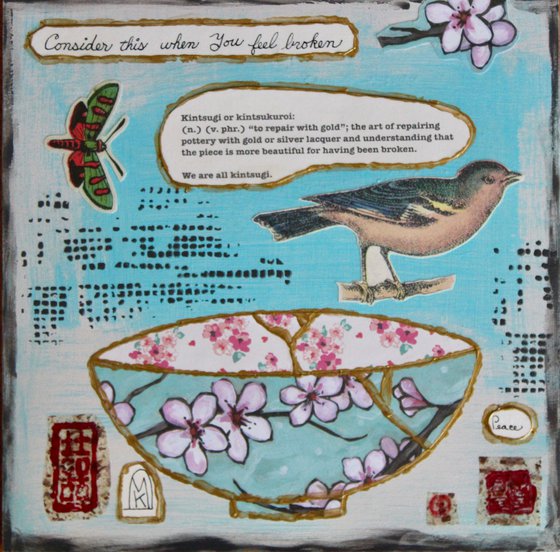 Kintsugi Bowl and Bird Collage with Words