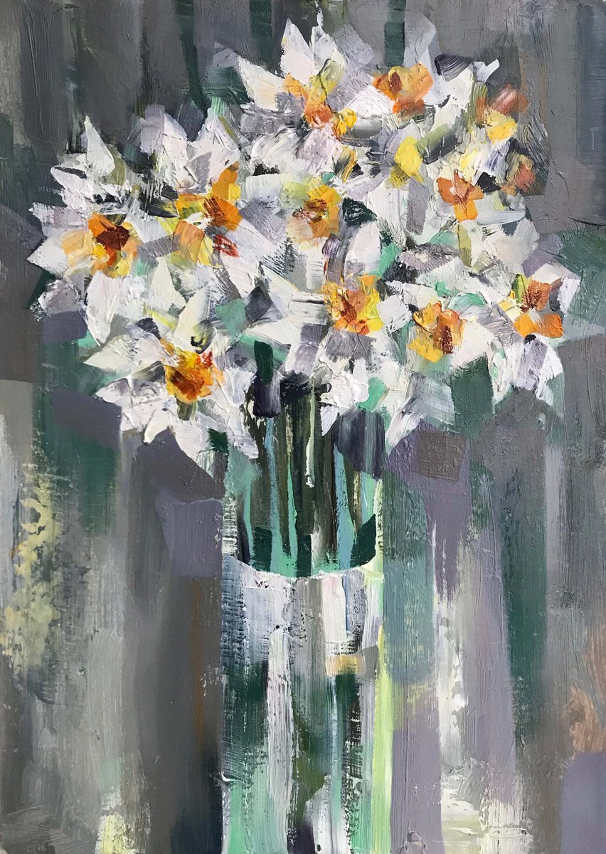 White daffodils. one of a kind, handmade artwork, original painting. by Galina Poloz