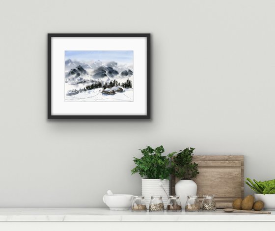 Alpine chalet original artwork, medium watercolor painting in nature colores