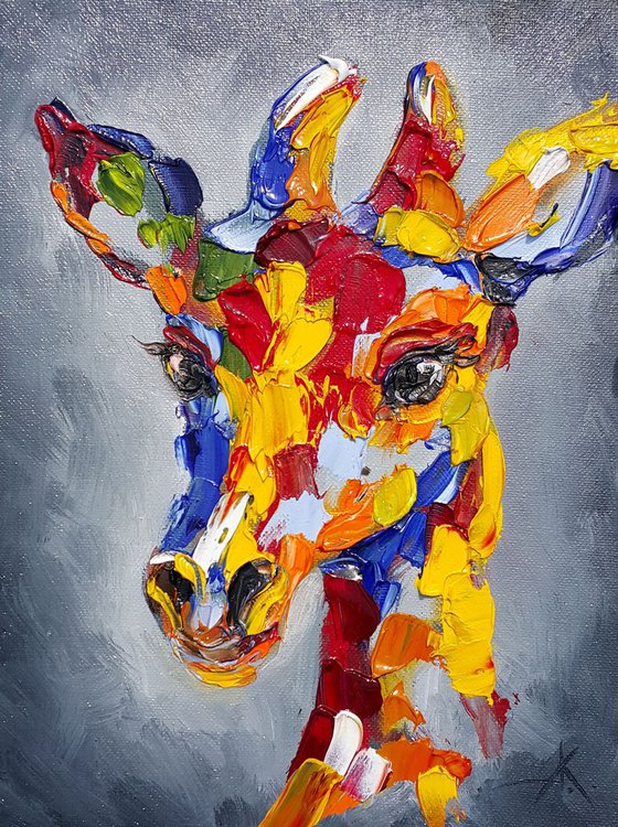 Giraffe - animal, animal face, abstractionism, painting on canvas, gift, animals art, animals oil painting, palette knife