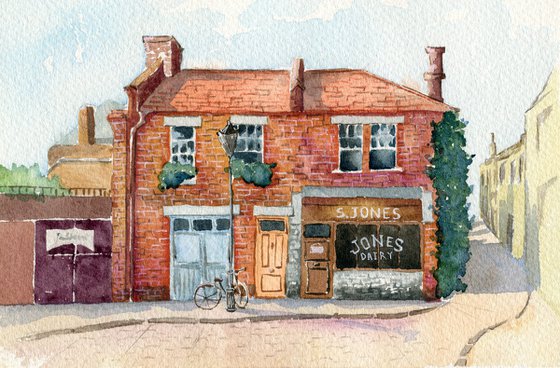 Cozy brick house in a provincial town. Original watercolor artwork.