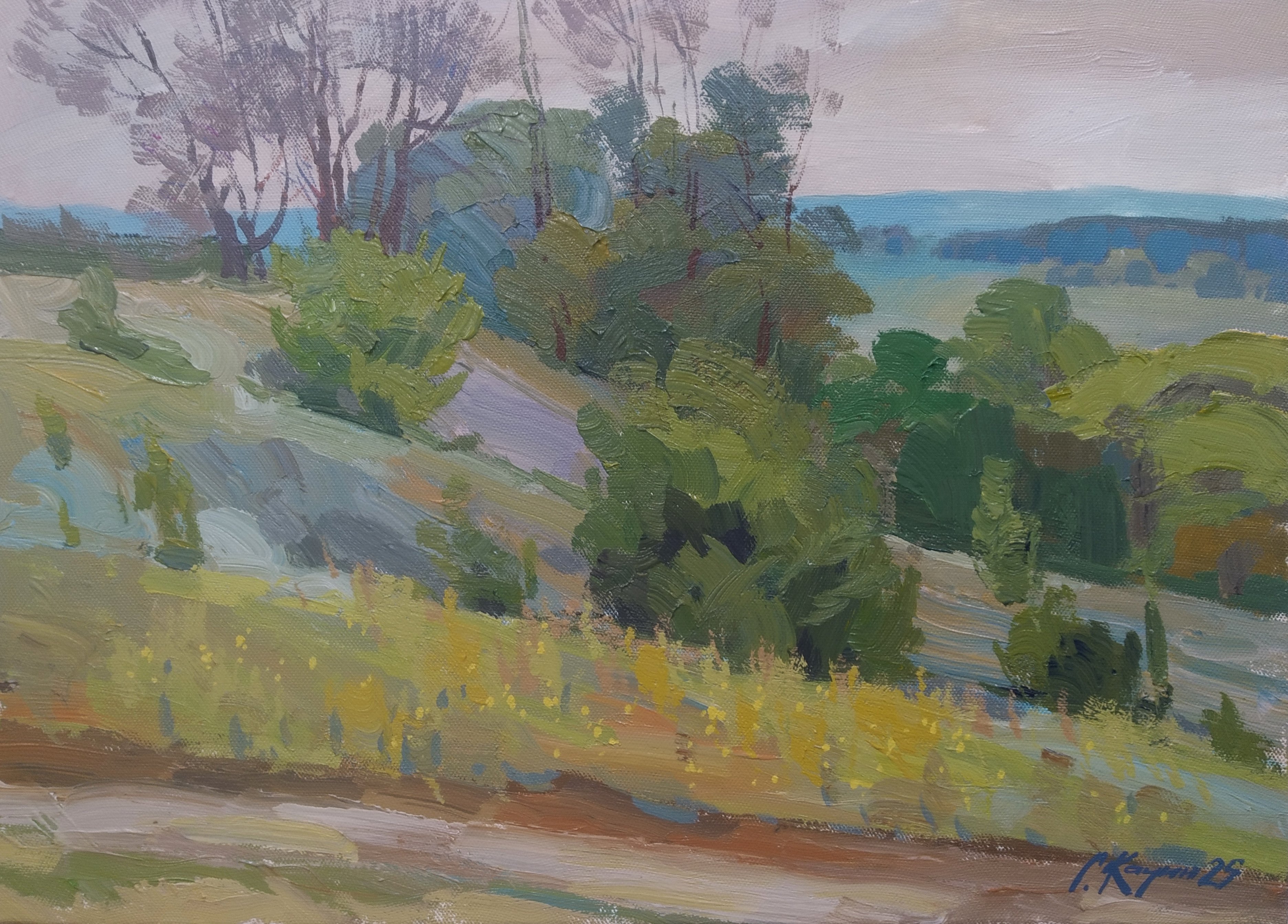 Impressionistic Landscape Acrylic Painting By Sergey Kachin, 28 X 20", Before The Rain, Original Artwork