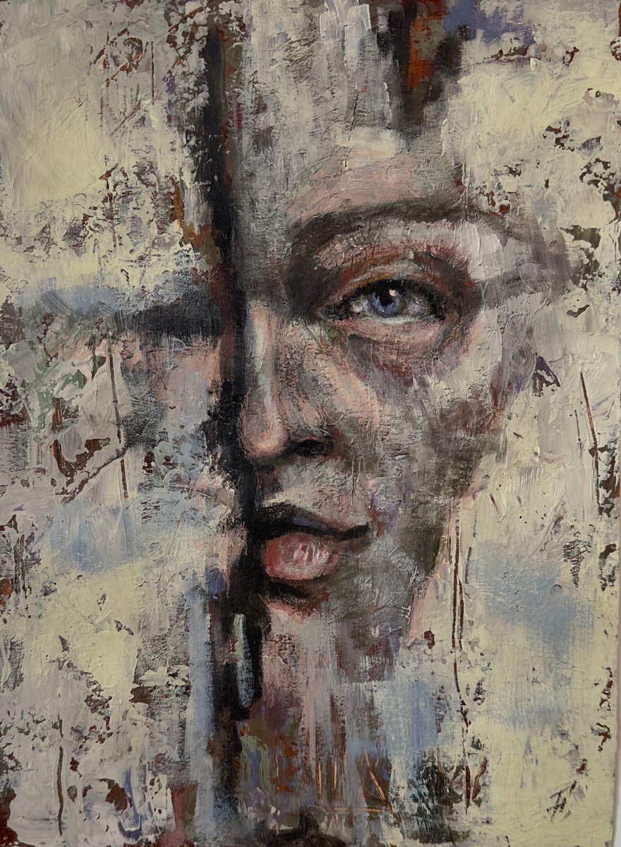 Expressive Portrait Acrylic Painting By Nikola Gulev, 12 X 17", "Joy Is The Smile Of Wisdom", Original Artwork