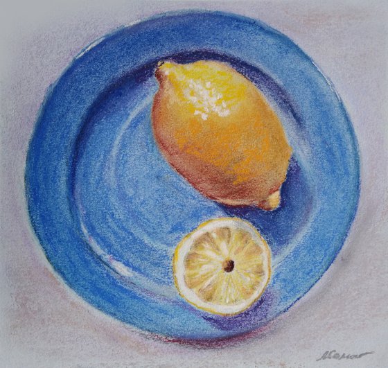 Tea with lemon - small pastel painting, present