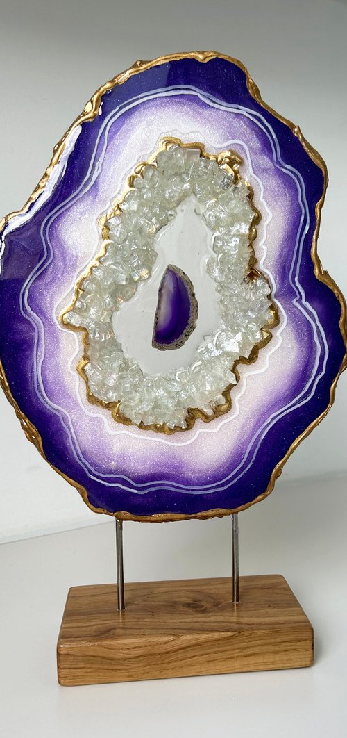 3D Geode Natural Slice Amethyst framed in a glass circle,  Unique gift, Home Decor, Luxury art, Crystal art, Geode sculpture, Standing geode by Alexandra Dobreikin