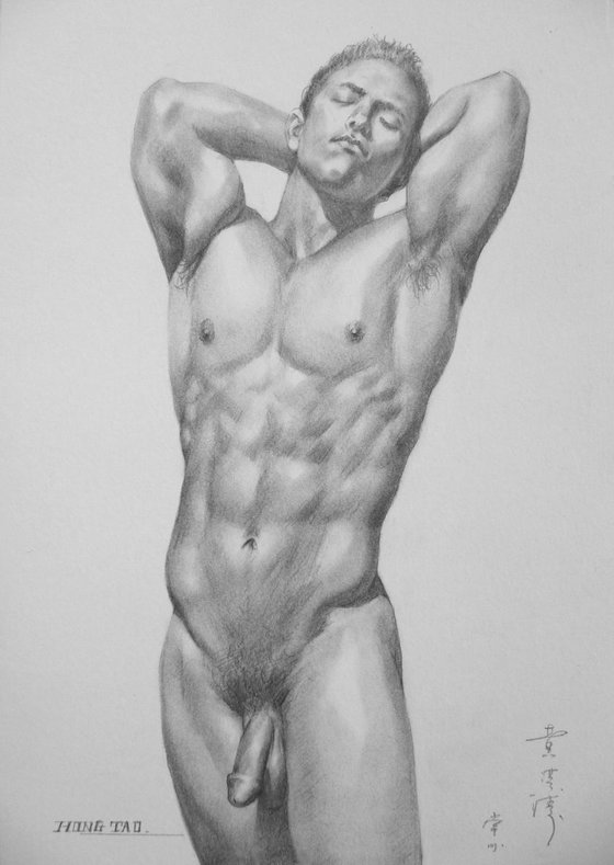 original art drawing charcoal male nude man on paper #16-4-24-01