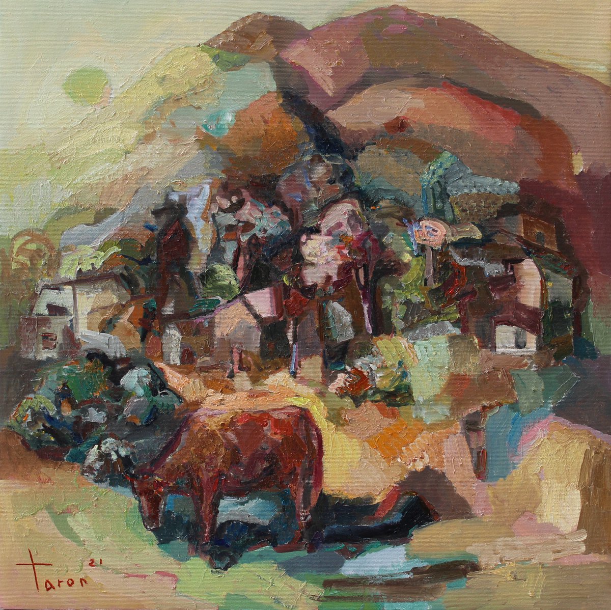 Abstract Landscape Oil Painting By Taron Khachatryan, 20 X 20", Spring, Original Artwork