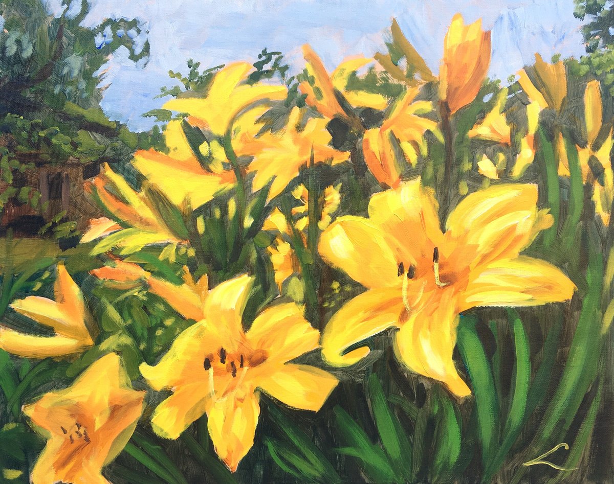 Impressionistic Botanical Oil Painting By Elena Sokolova, 20 X 16, Yellow Lilies, Original Artwork