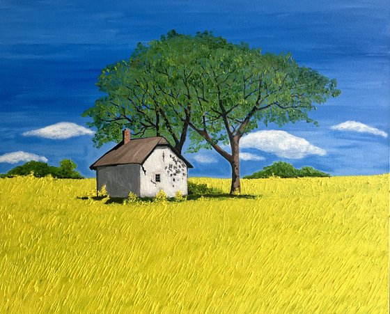 OLD COTTAGE  IN YELLOW FIELDS