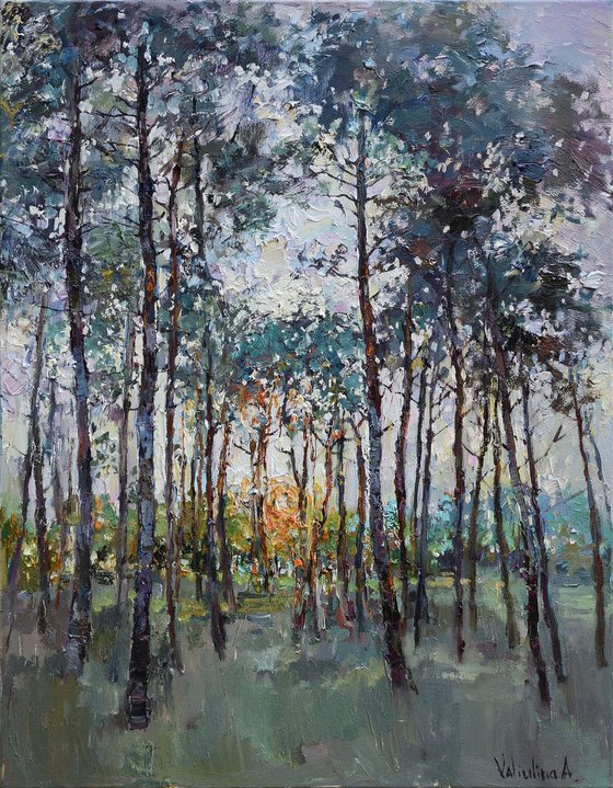 Pine trees at sunset - Original forest landscape painting