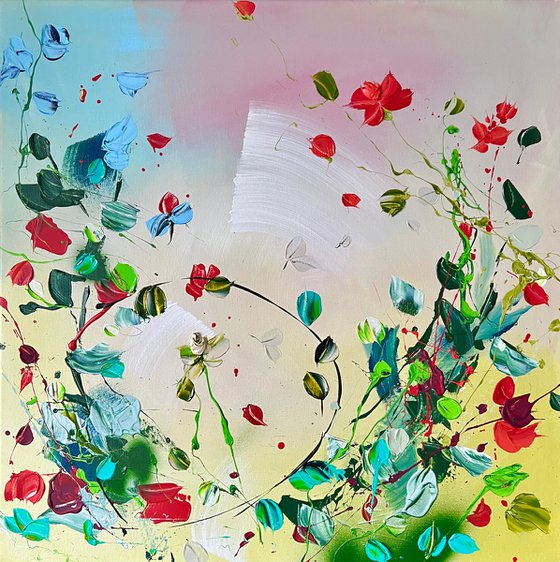 Structure impasto acrylic painting with abstract flowers 60x60cm "Silent Bloom"