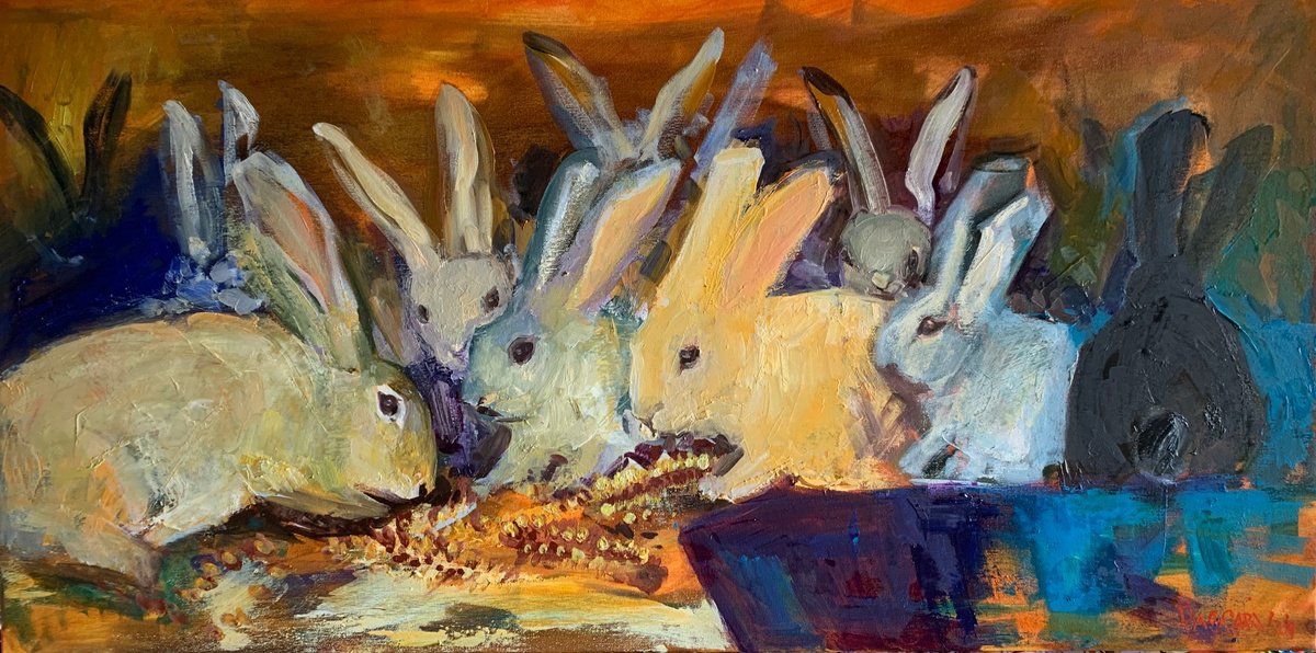 Impressionistic Animal Oil Painting By Olga Pascari, 39 X 20", Rabbits, Original Artwork