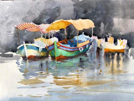 Pleasure boat watercolor painting
