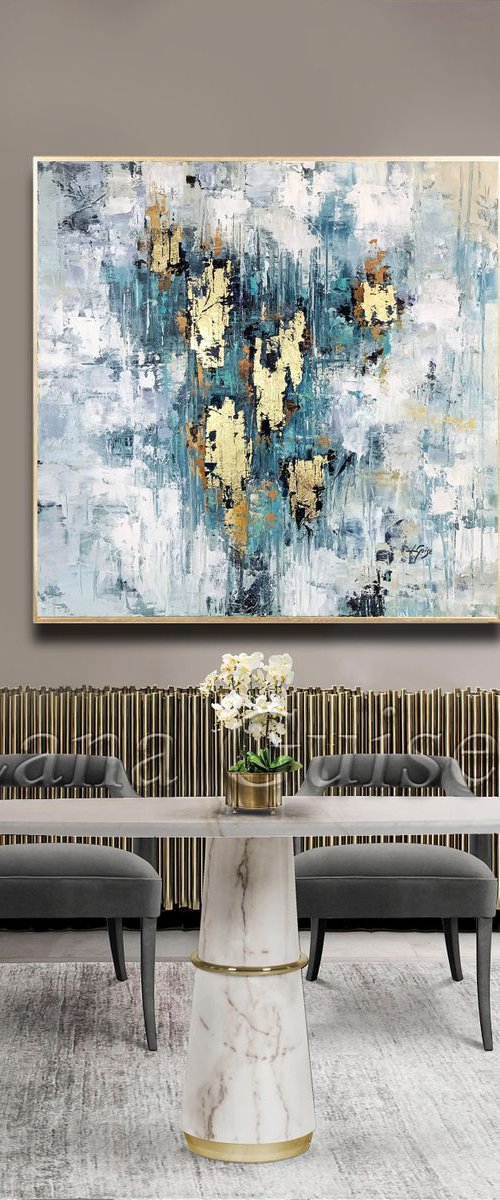 Sky Reflect - Abstract Painting 36" , Gold Leaf Large Painting, Wall Art, Abstract Art, Contemporary Art, Living Room Minimalist Painting by Lana Guise