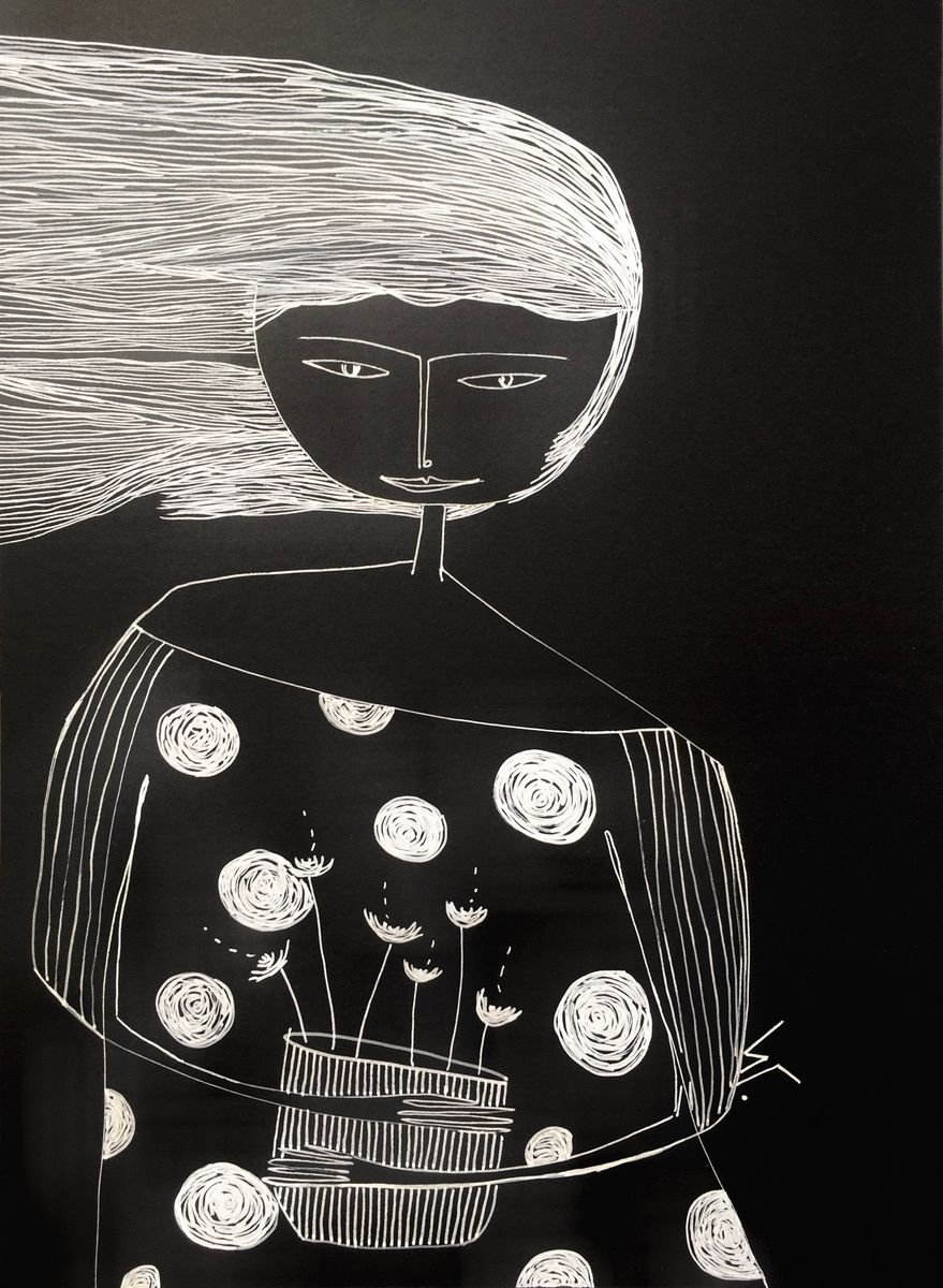 Naive Portrait Drawing By Irina Goleva, 8 X 11, Floating Calming Day, Original Artwork