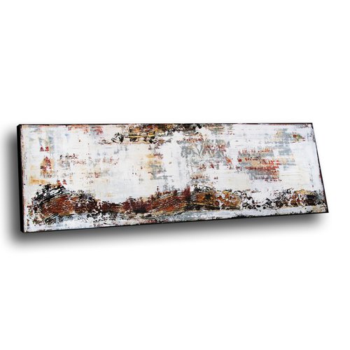 EXCITING JOURNEY - 59" x 19.7" - ABSTRACT PAINTING WITH STRUCTURES - WHITE BEIGE GOLD by Inez Froehlich