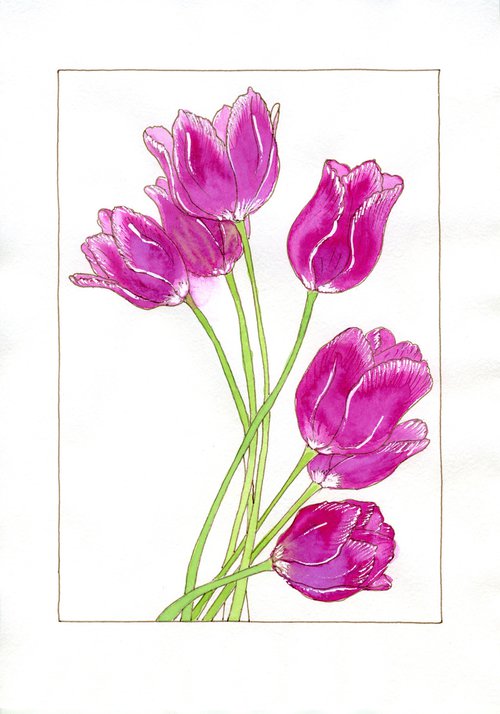 Tulips flowers mixed media illustration by Olga Ivanova