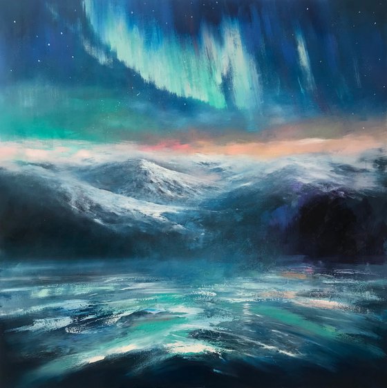 "Northern Lights.Aurora"100x100cm large original painting