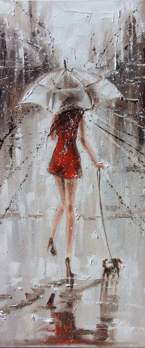 " LITTLE BOBBY LOVES THE RAIN "   street spring summer original painting CITY palette knife GIFT by Monika Luniak