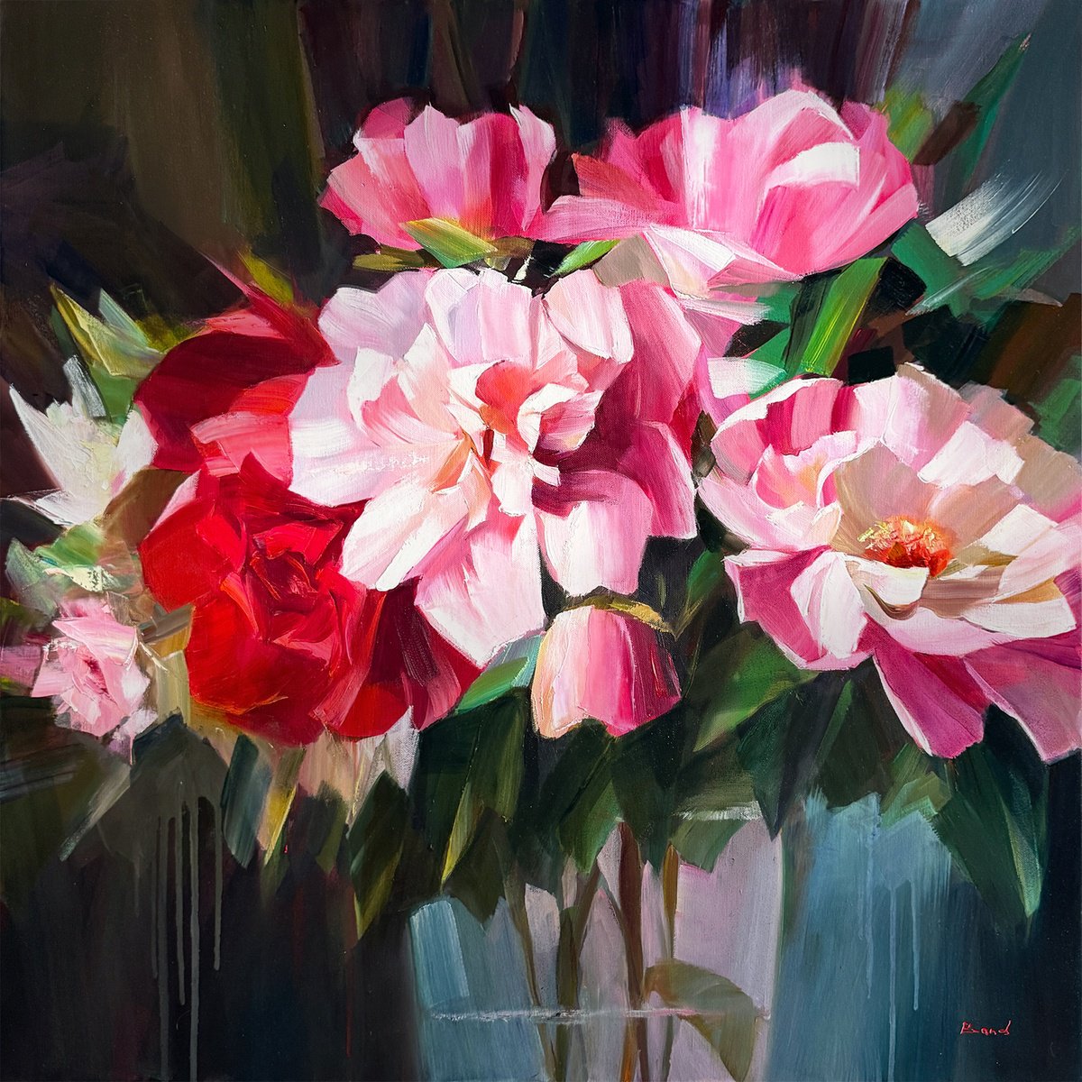 Expressive Oil Painting , Blush And Carmine Rhapsody By Tetiana Bond, 31 X 31, Artwork For Sale On Artfinder
