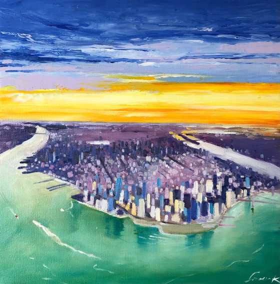 Sunset painting over cityscape, New York painting on canvas