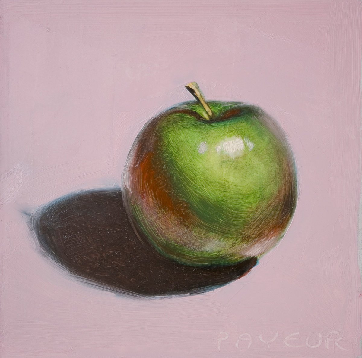 Impressionistic Still Life Oil Painting By Olivier Payeur, 6 X 6", Green Apple On Pink Background, Original Artwork