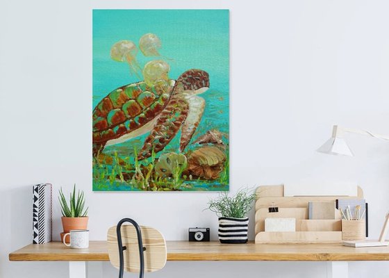 Sea Turtle, Jellyfish Acrylic Painting on Canvas 24"x18". Sea Life Modern Art (2020)