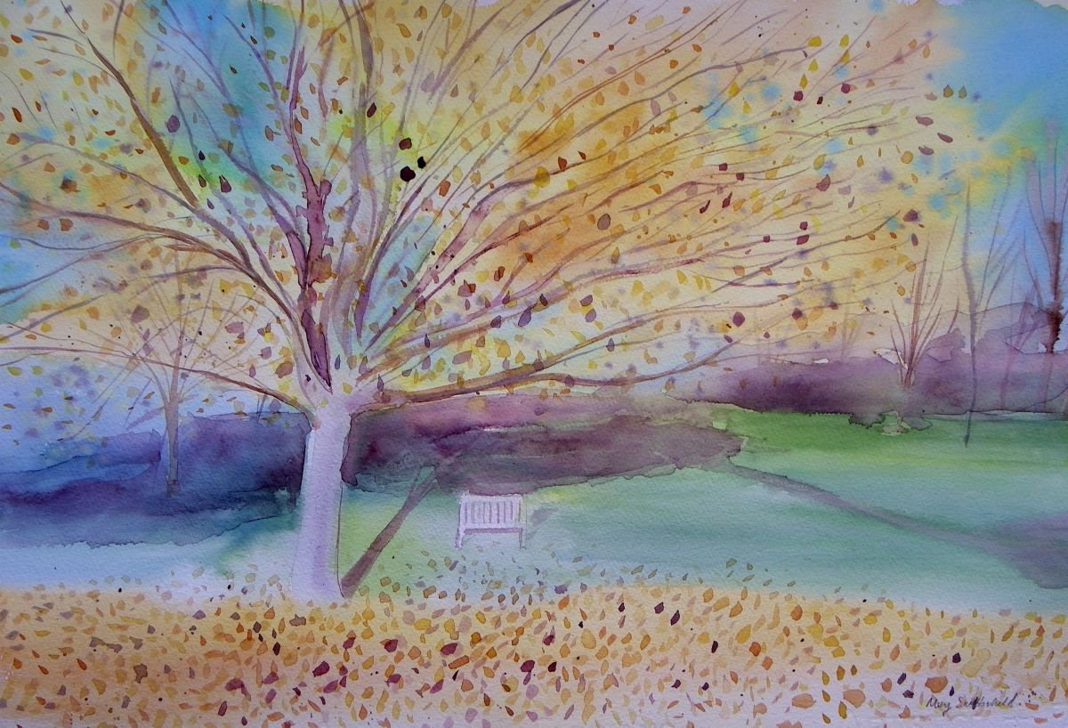 Impressionistic Landscape Watercolour By Mary Stubberfield, 21 X 13", Autumnal Blaze, Original Artwork