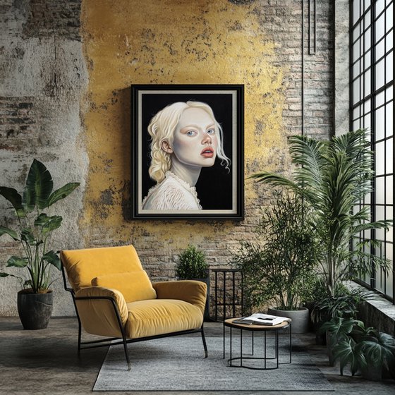 Albino girl in a laсe dress