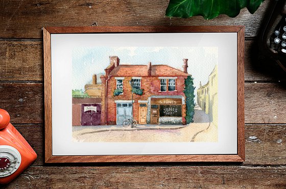 Cozy brick house in a provincial town. Original watercolor artwork.