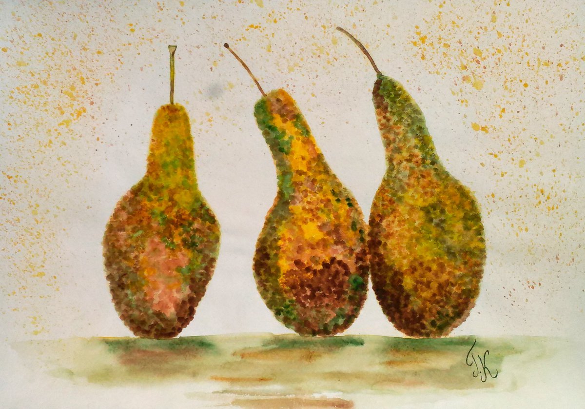 pears original watercolor painting fruit still life pointillism Sweet pears by Halyna Kirichenko
