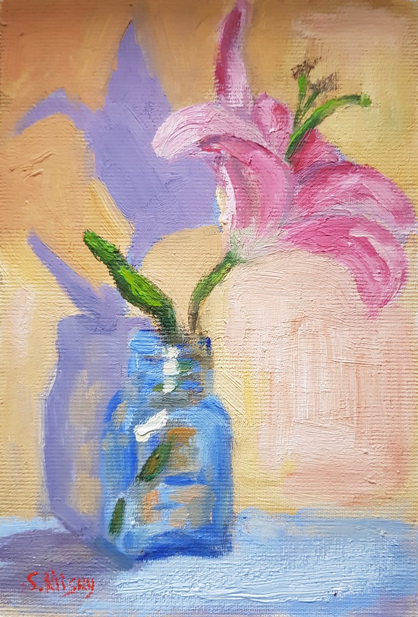 Impressionistic Botanical Oil Painting By Svetlana Grishkovec-Kiisky, 5 X 7", Lily In Bottle, Original Artwork