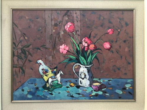 Original Still life oil painting：flowers in the vase by Kunlong Wang