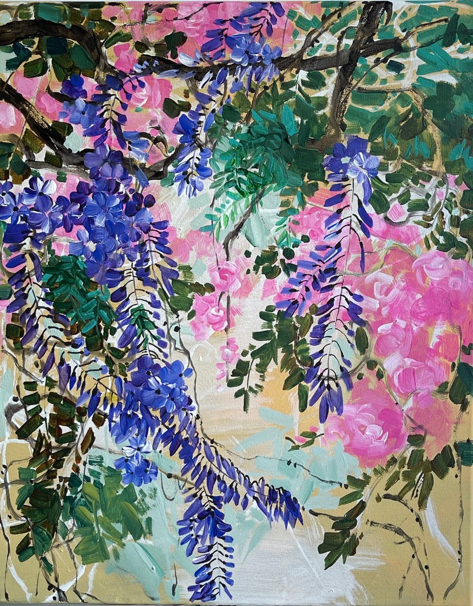 Expressive Botanical Acrylic Painting By Tina Ding, 16 X 20", Keep Spring, Original Artwork