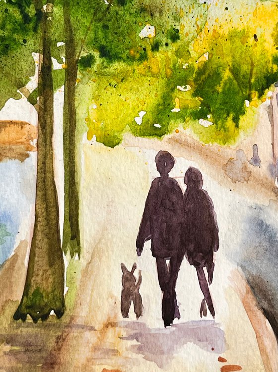 Paris Painting Cityscape Original Art Couple Watercolor Walking Dog Artwork Street Scene Small Home Wall Art 7 by 10" by Halyna Kirichenko