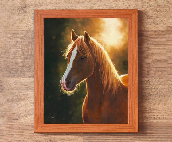 Brown horse portrait at sunset