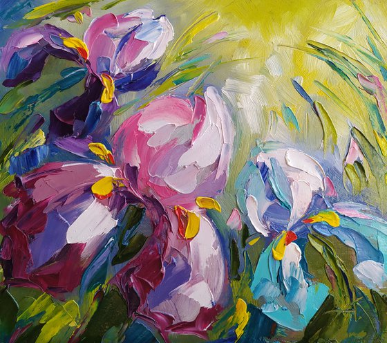 Irises in the garden - flowers, oil painting, irises flowers, gift idea, gift for woman