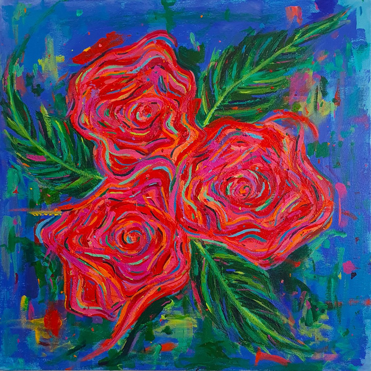 Impressionistic Botanical Acrylic Painting By Dawn Underwood, 20 X 20, Roses, Original Artwork